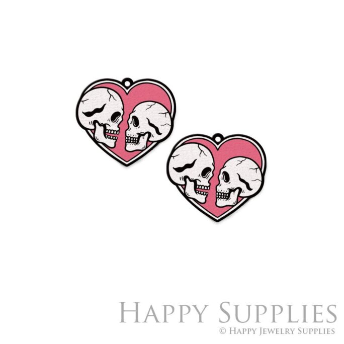 Valentine Gifts, Love Earrings, Wood Skull Stud Handmade Laser Cut Heart Pendants, Gift For Her, Jewelry Supplies | Cw835