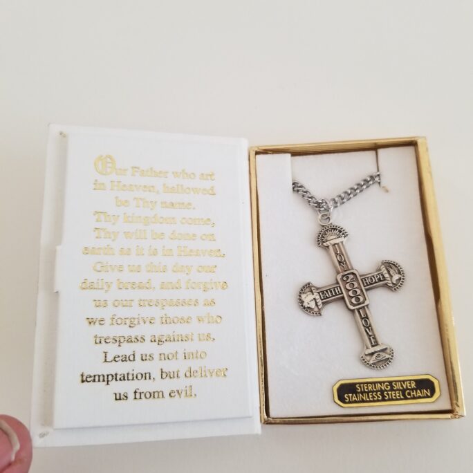 Vintage 2000 Sterling Silver Cross Inside Faux Bible Box With The Lord's Prayer By Bellair Fine Jewelry, 9" Steel Chain