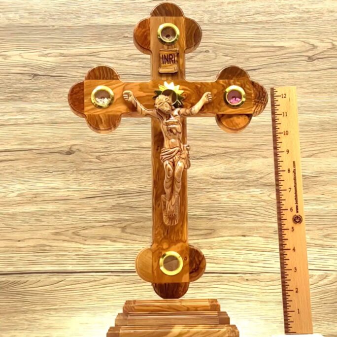 standing Crucifix, 16.3" Wood Cross, Budded, Jesus Christ Corpus, Inri, Catholic Home Altar, Traditional Confirmation Gift, Holy Land Made