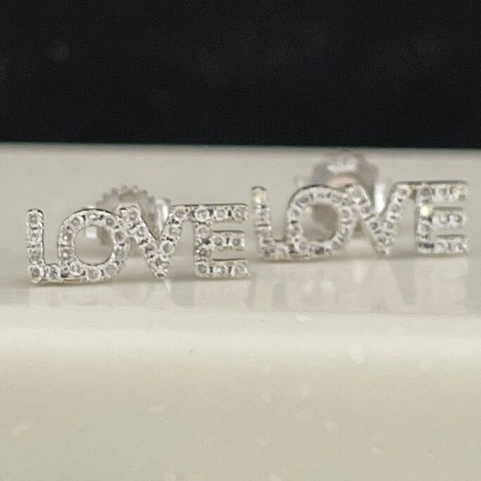 14K Solid Gold Love Earrings Letter Stud Diamond Word White Jewelry Girlfriend Gift Cute