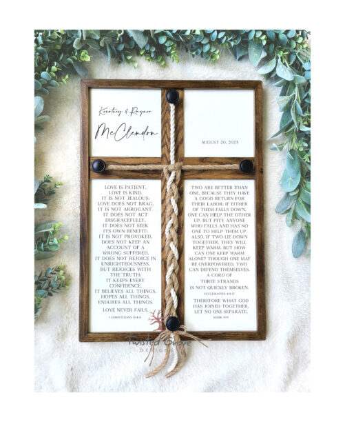 Corinthians Love Is Patient Kind, A Cord Of Three Strands, What God Has Joined Together Unity Ceremony Idea Braided Cords Cross Sign