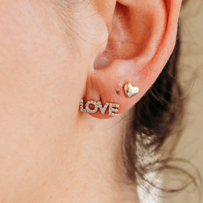 Diamond Love Earrings 14K Solid Gold, Natural Block Letter Studs, Monogram Earrings, Gift For Her