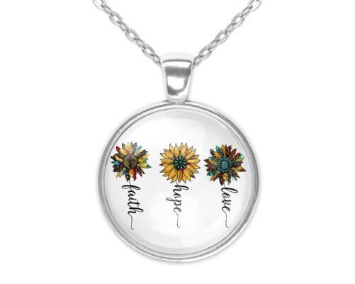 Faith Hope Love Sunflower Silver Necklace Small Or Large Pendant Keychain Option Purse Bookbag Charm Carabiner Clip New Gift Idea