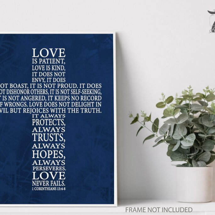 Love Is Patient Cross Typography Christian Navy Blue Home Decor Bible Verse Wall Art 1 Corinthians 134-8 Scripture Unframed Print Or Canvas