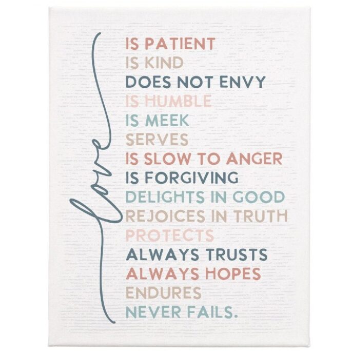 Love Is Patient Kind - Wrapped Canvas Over Wood Frame Printed Design On 2 Sizes Inspirational Quote Never Fails