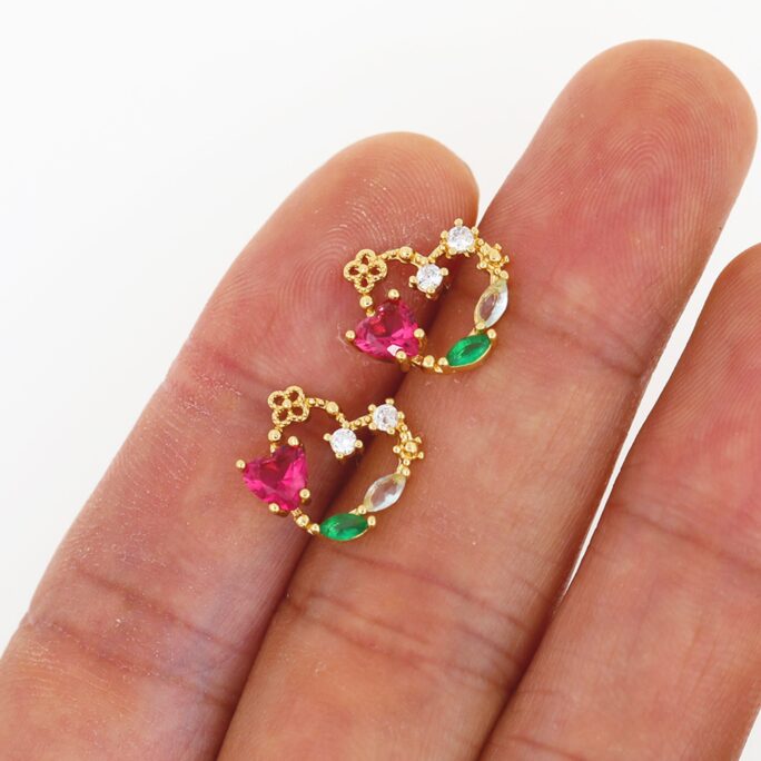 Rainbow Cz Love Earrings, 18K Gold Filled Heart-Shaped Earrings, Micro-Paved Earrings, Luxury Heart Pendulum Earrings