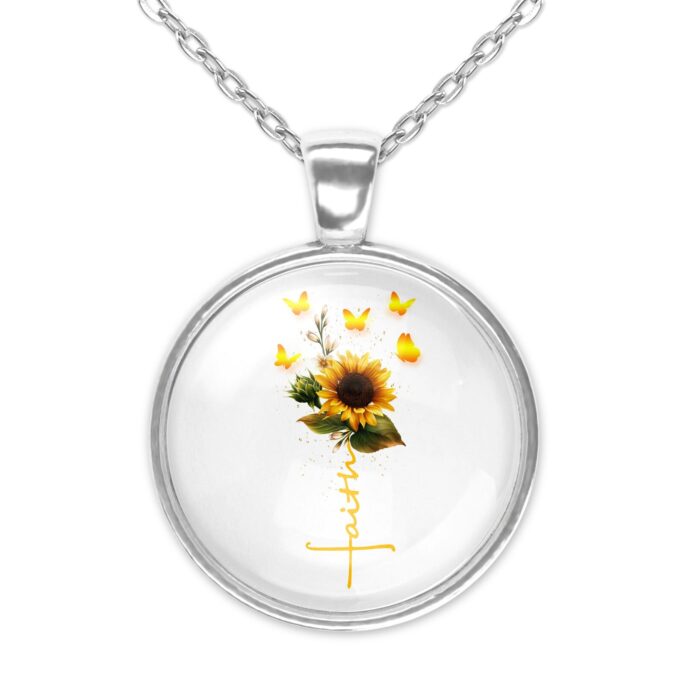 Sunflower Faith Butterfly Jewelry Silver Necklace Large Glass Pendant Option Simple Gift Idea Keychain Purse Charm Bookbag