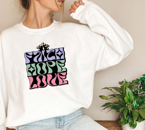 Faith Hope Love Sweatshirt, Christian Religious Cross Sweater, Jesus Prayer Sweater