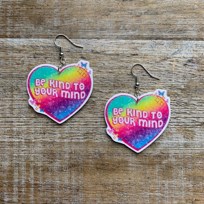 Self Love Earrings Mental Health Millennial Heart Resin Pink Gift Be Kind To Your Mind Clip On Ear Hangers Gauges