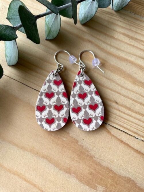 Red Heart Earrings, Rabbit, Love, Reversible, Lightweight Wood, Sterling Silver French, Love Earrings