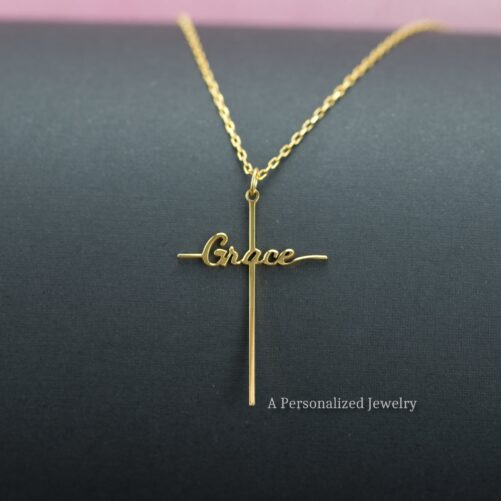 Grace Cross Necklace, Religious Jewelry, 14K Gold Sterling Silver Christian Gift For Women, Christmas