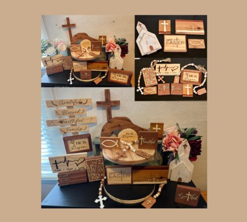 Wooden Religious Tiered Tray Display, He Is Risen Decor, Christian Easter Jesus Tomb, Three Cross Sign, Worthy Bookstack