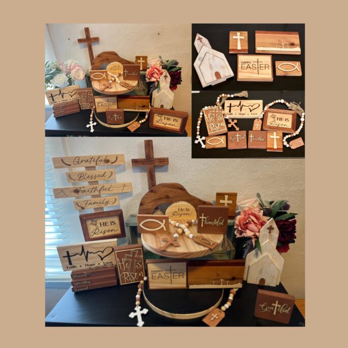 Wooden Religious Tiered Tray Display, He Is Risen Decor, Christian Easter Jesus Tomb, Three Cross Sign, Worthy Bookstack