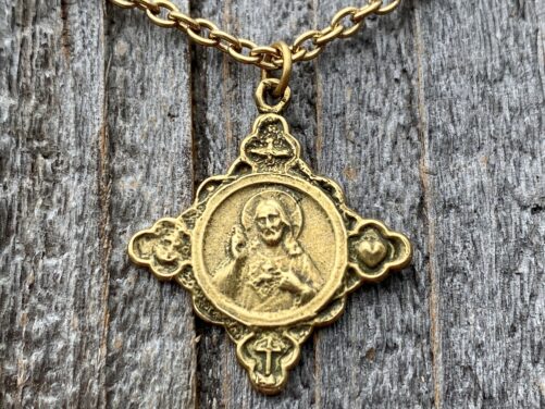 Antiqued Gold Sacred Heart Of Jesus Pendant, Faith Hope & Love Symbols, Antique Replica Medal Necklace, Holy Spirit Dove, Rare Scapular