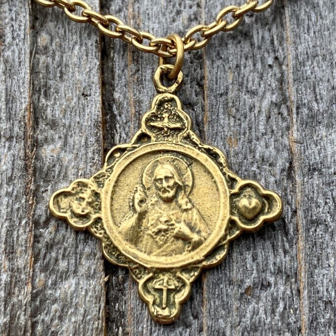 Antiqued Gold Sacred Heart Of Jesus Pendant, Faith Hope & Love Symbols, Antique Replica Medal Necklace, Holy Spirit Dove, Rare Scapular
