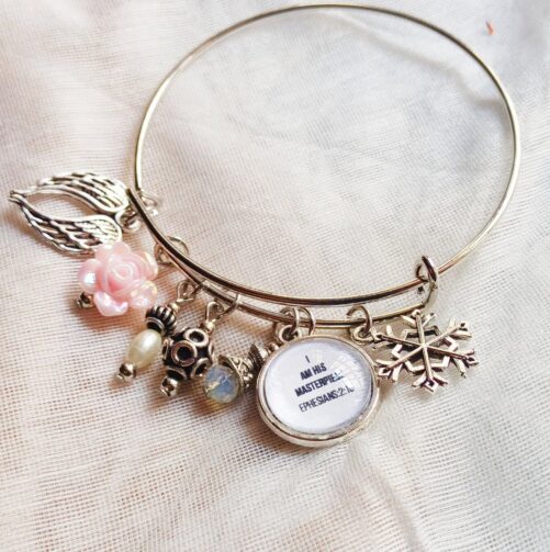 I Am His Masterpeice Scripture Bracelet, Bangle Type Charm Bracelet With Bible Verses, Christian Gift