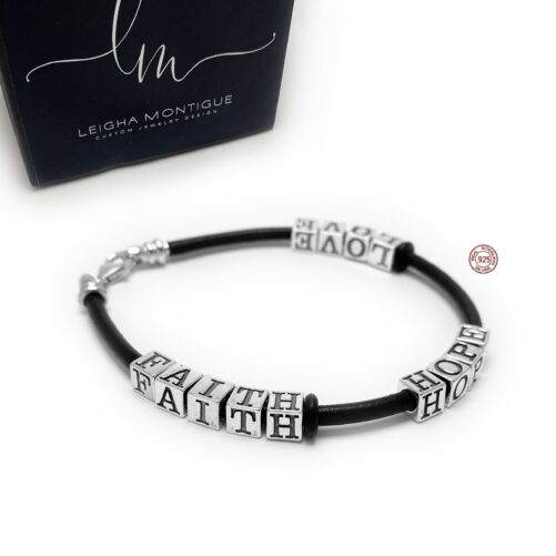 Leather Faith Hope & Love Bracelet With Sterling Silver Blocks A Clasp, English, Hebrew Or Greek Letter Beads Db230914