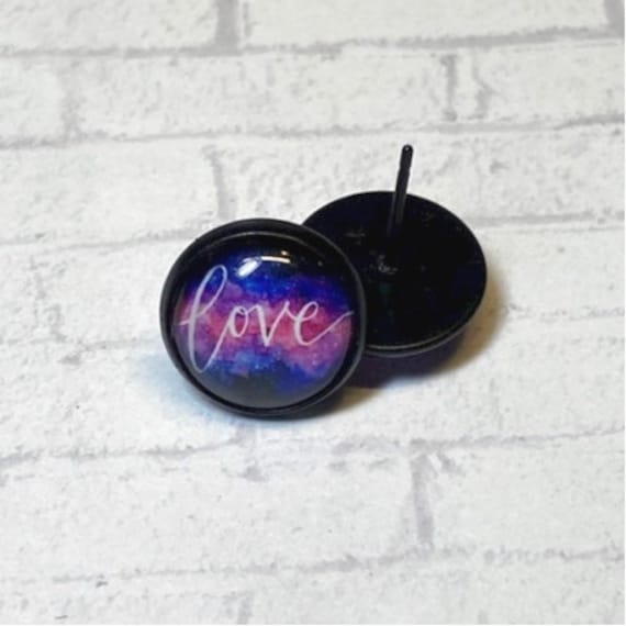 Love Earrings, Pink & White Studs, Love Font Black Teacher Earrings