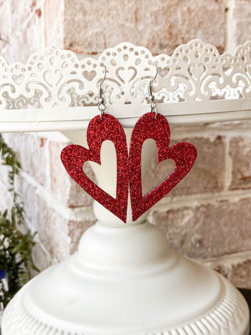 Leather Heart Earrings, Valentine's Red Glitter Statement Love Earrings