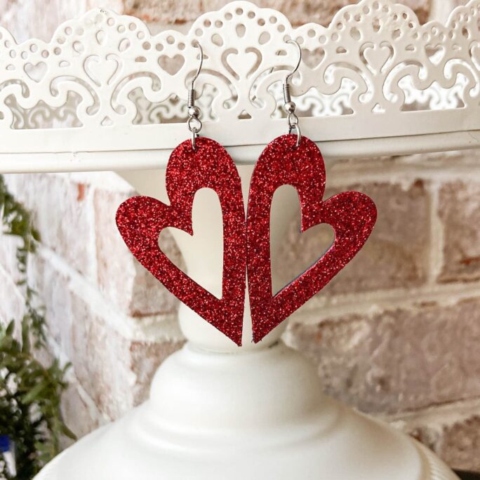 Leather Heart Earrings, Valentine's Red Glitter Statement Love Earrings