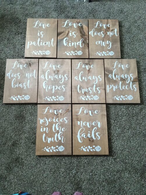 1 Corinthians 13 Wood Wedding Aisle Signs, Set Of 9, Love Is Patient, Kind, Never Fails Does Not Envy 12x16