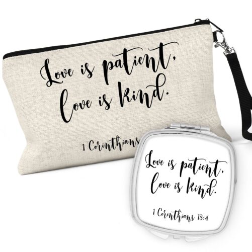 1 Corinthians 134 Cosmetic Bag, Christian Love Is Patient Makeup Case, Compact Mirror, Wedding Bridal Party Favors C-Scr020