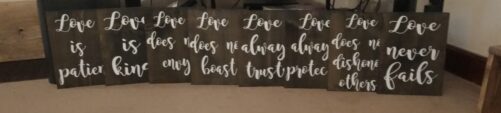 1 Corinthians Wood Wedding Aisle Signs, Set Of 8-Love Is Patient, Love Kind, Never Fails-Set 9x12-Black Stained
