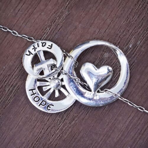 18", 1mm, Vintage Sterling Silver Necklace, 925 Circle Chain With Faith Hope Love Pendants, Stamped Efs