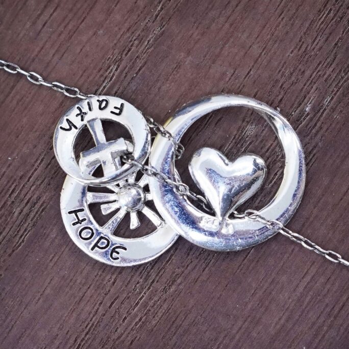 18", 1mm, Vintage Sterling Silver Necklace, 925 Circle Chain With Faith Hope Love Pendants, Stamped Efs