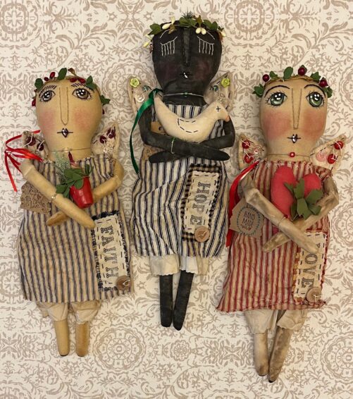 Angels Faith Hope & Love Hanger Or Sitter Primitive Folk Art Christmas Winter Decoration Hand Made Painted