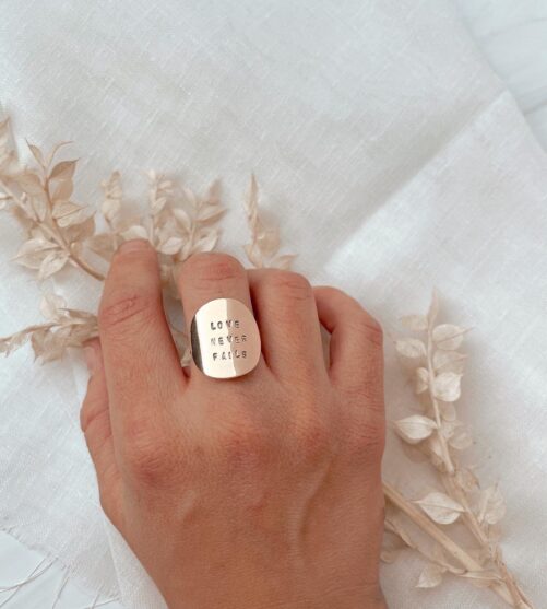 Big Disc Ring Gold Filled Sterling Silver Love Never Fails Custom Stamped Malachite Southwestern Gemstone