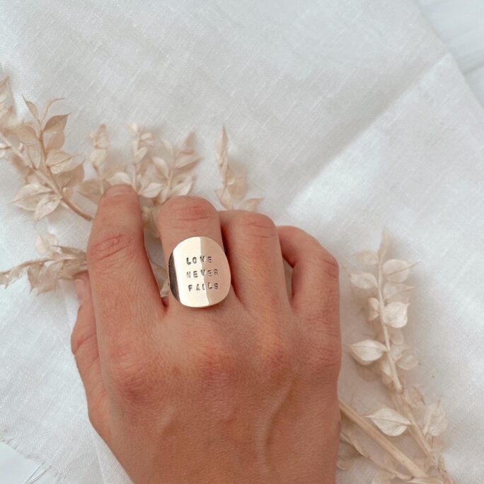 Big Disc Ring Gold Filled Sterling Silver Love Never Fails Custom Stamped Malachite Southwestern Gemstone
