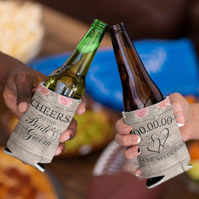 Cheers To The Bride & Groom - Love Never Fails, Floral Rustic Wood Wedding Can Coolers + Custom Date | Dye-Sublimated