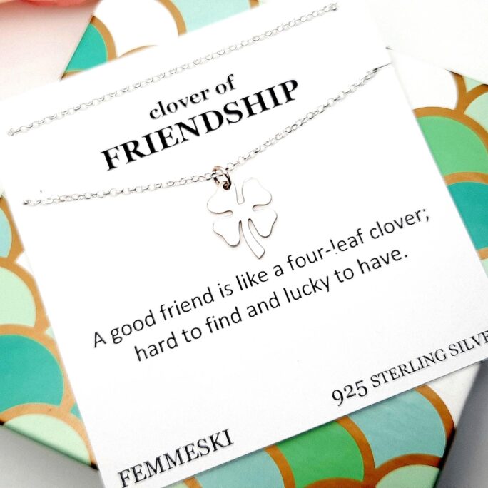 Clover Necklace Message Card Of Faith Hope Love & Luck, Dainty Sterling For Women, Birthday Christmas Graduation Gifts