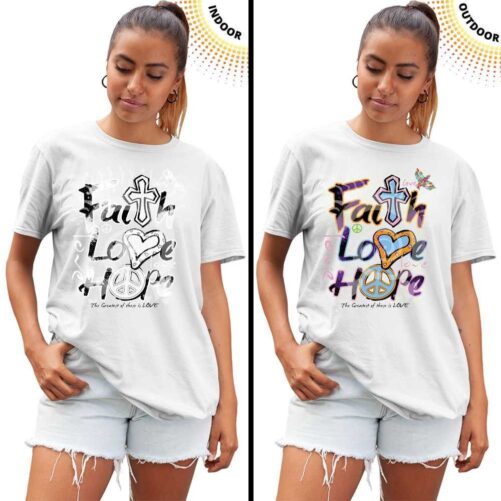 Color Changing T-Shirt, Faith Love Hope Solar Tee, Sunlight Activated Shirt, Colors Appear in The Sun, Uv Light, Solartees