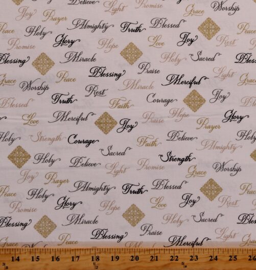 Cotton Christian Words Christianity Prayer Faith Hope Love Praise Joy Appreciation White Fabric Print By The Yard | 52498M-2 D766.74