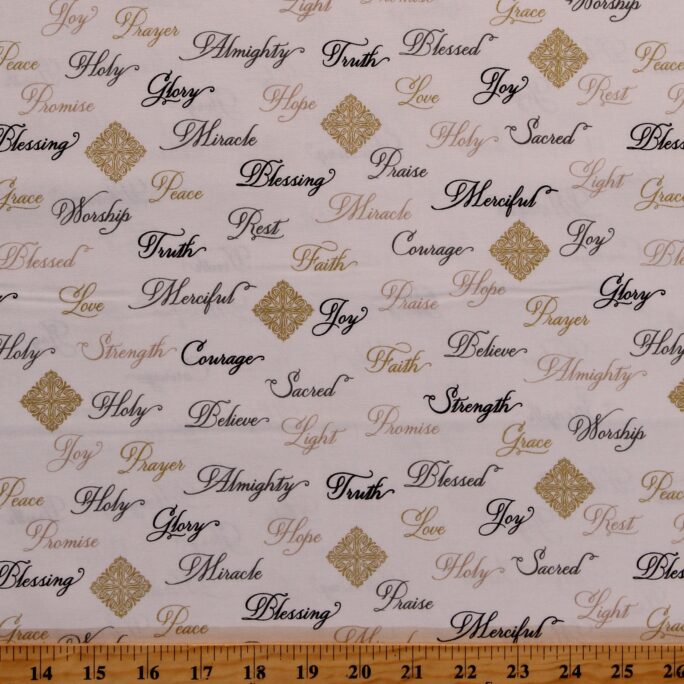 Cotton Christian Words Christianity Prayer Faith Hope Love Praise Joy Appreciation White Fabric Print By The Yard | 52498M-2 D766.74
