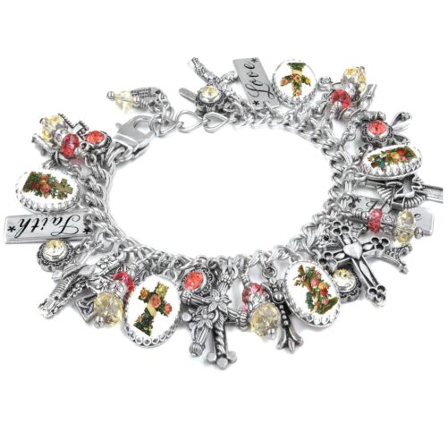 Cross Charm Bracelet, Colorful Christian Jewelry, Religious Charms