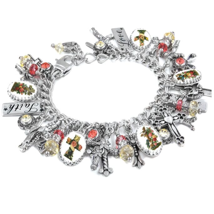 Cross Charm Bracelet, Colorful Christian Jewelry, Religious Charms