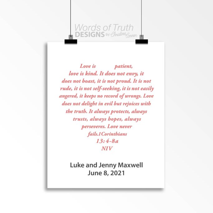 Digital Personalized Wedding Gift, 1 Corinthians 13 Christian Wall Art Heart, Love Is Patient Bible Verse Print For Anniversary Or