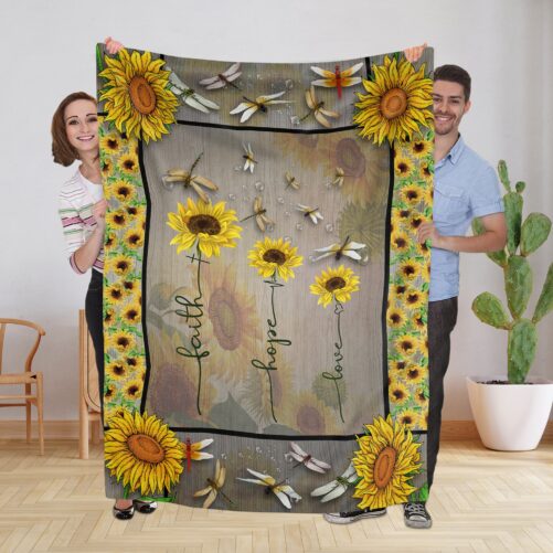 Dragonfly Sunflower Fleece Blanket, Faith Hope Love Heartbeat Dragonflies Christian Birthday Gift For Her Him, Home Decor Gifts