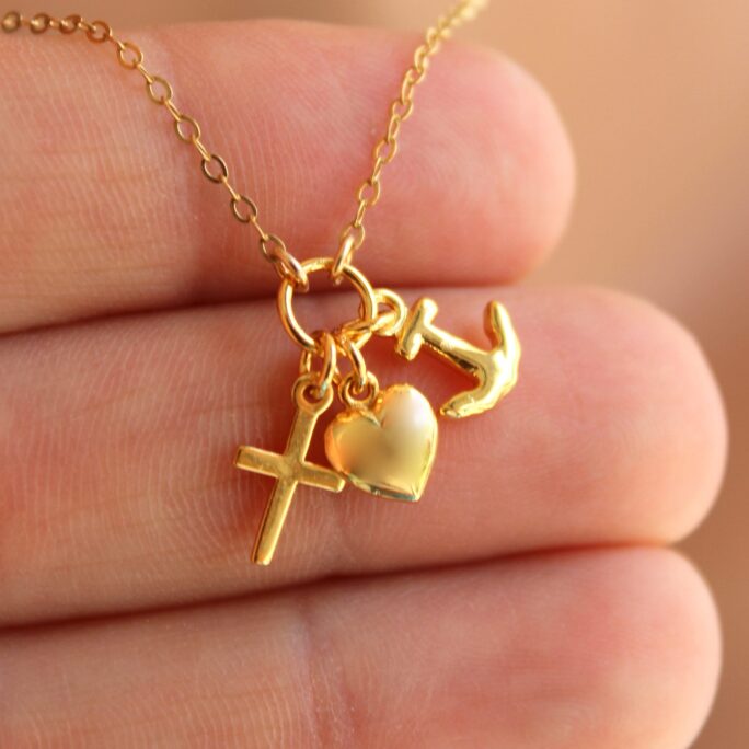 Faith Hope Love Charm Necklace 14K Gold Filled Heart Anchor Cross Charms Triple Necklaces Women Girls Jewelry Gift For Her