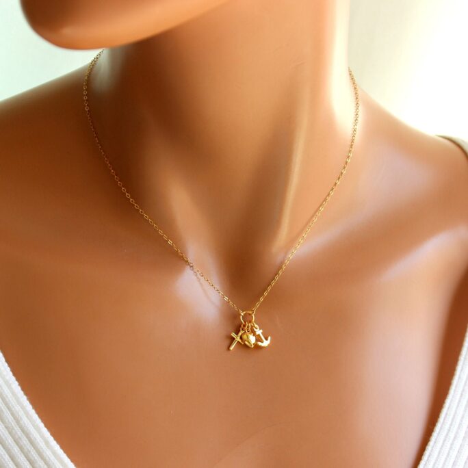 Faith Hope Love Charm Necklace 14K Gold Filled Heart Anchor Cross Charms Triple Necklaces Women Girls Jewelry Gift For Her
