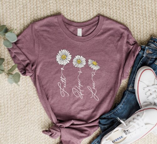 Faith Hope Love Daisy Shirt, Believer Motivational T-Shirt, Positive Gifts, Religious Tee, Christian Shirt For Women