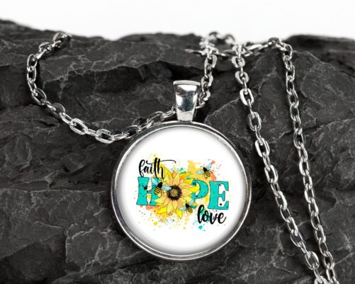 Faith Hope Love Floral Necklace Silver Glass Pendant Large Option Earrings Bracelet Purse Charm Key Chain Hair Clips