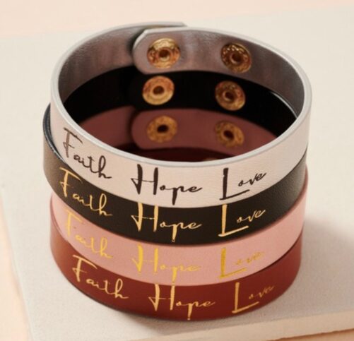Faith Hope Love Leather Snap Bracelet, Adorable Fun Strong Saying Trendy Piece