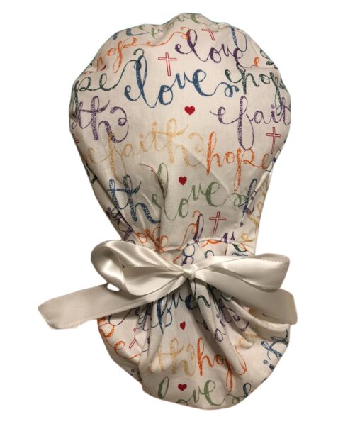 Faith, Hope, Love Medical Scrub Cap Hat, Ponytail. Religious, Spiritual, Christian Hat