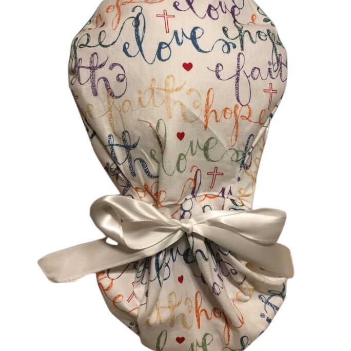 Faith, Hope, Love Medical Scrub Cap Hat, Ponytail. Religious, Spiritual, Christian Hat