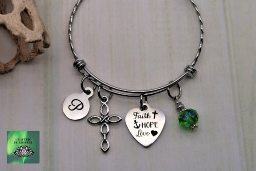 Faith Hope Love, Personalized Initial Charm Bracelet For Women, Custom Bangle Bracelet, Religious Gift Christian Gift, Visible Jewelry