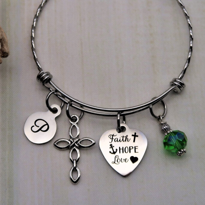 Faith Hope Love, Personalized Initial Charm Bracelet For Women, Custom Bangle Bracelet, Religious Gift Christian Gift, Visible Jewelry